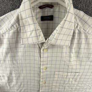 Eton Button Up Shirt Men Blue White Check Wrinkle Free Size 17 Twill Cotton